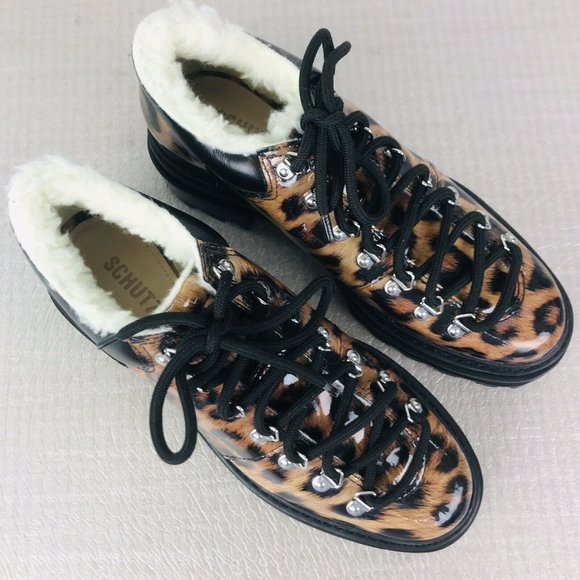 Schutz Lucille Vernizes Leopard Faux Sherling Lined Lace Up Booties - Picture 3 of 7